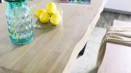 Aspen dining table unites wood and metal tastefully.