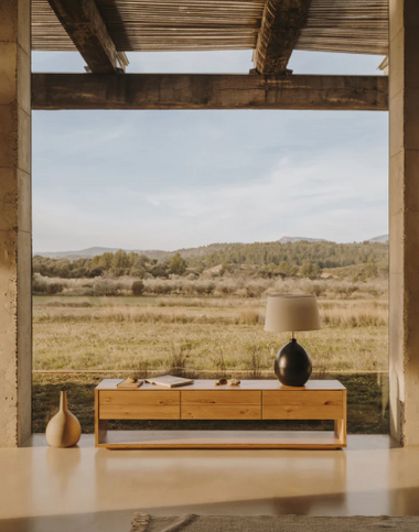 Alguema TV stand with 3 drawers in oak veneer